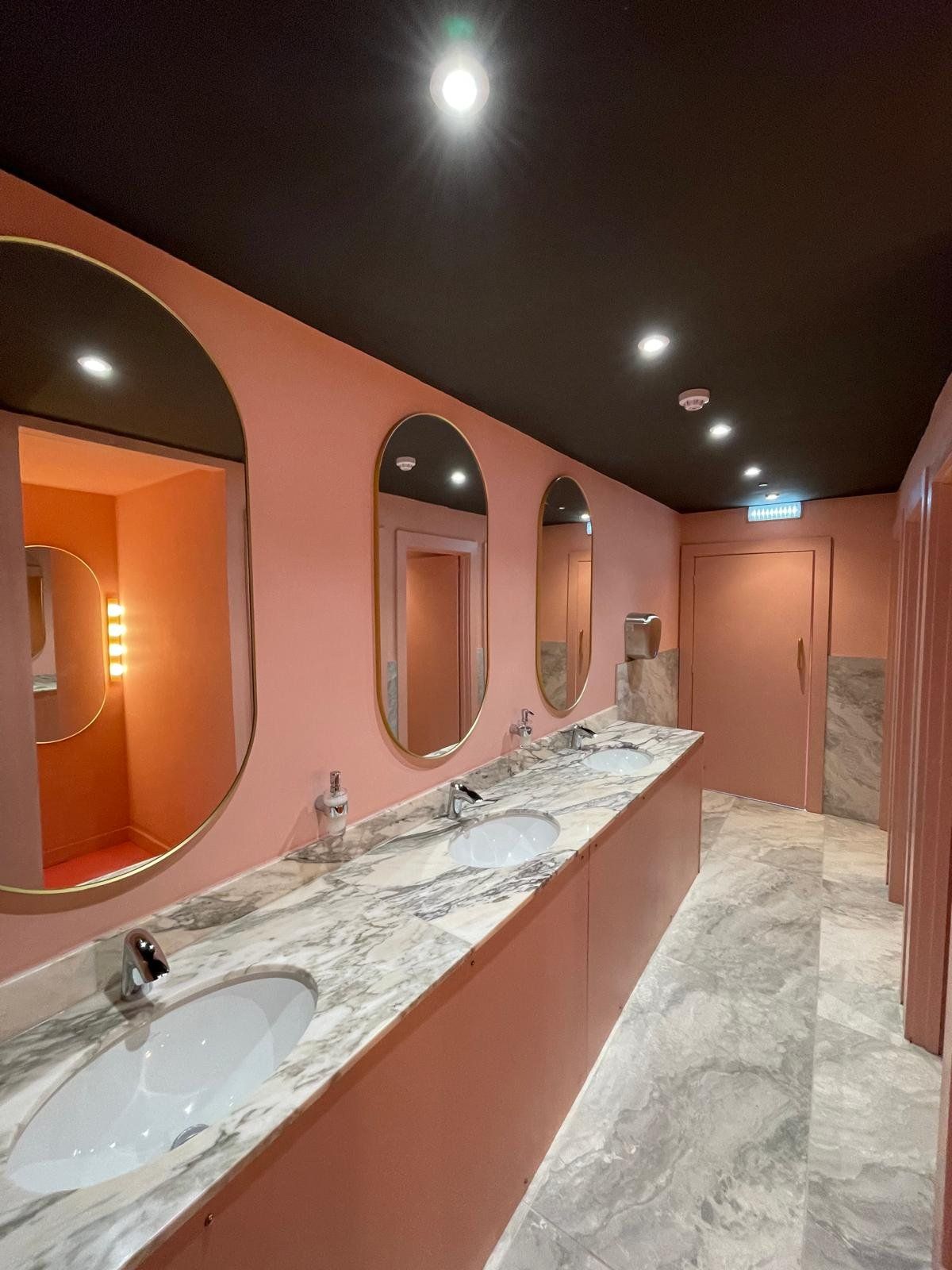 Toilet vanity unit with oval mirrors